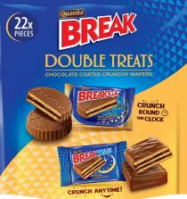 22X PIECES QUANTA BREAK DOUBLE TREATS CHOCOLATE COATED CRUNCHY WAFERS QUANTA BREAKSTA CRUNCHY WAFER SANDWICH WITH MILK CHOCOLATE CRUNCH ROUND THE CLOCK QUANTA BREAKTIME MILK CHOCOLATE COATED WAFER SANDWICH CRUNCH ANYTIME