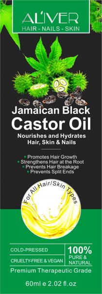 ALIVER Hair Nails Skin Jamaican Black Castor Oil Nourishes and Hydrates Hair Skin & Nails Promotes Hair Growth Strengthens Hair at the Root Prevents Hair Breakage Prevents Split Ends For All Hair/ Skin Types Cold-Pressed Cruelty-Free & Vegan 100% Pure & N