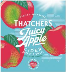 FAMILY CIDER MAKERS EST. 1904 THATCHERS JUICY APPLE CIDER APPLEY & SWEET POWERED BY SUNSHINE PICK ME! FOR THIS GENERATION - AND THE NEXT I'M FULLY RECYCLABLE THATCHERS