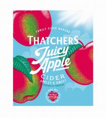 FAMILY CIDER MAKERS THATCHERS EST 1904 JUICY APPLE CIDER APPLEY & SWEET POWERED BY SUNSHINE PICK ME! FOR THIS GENERATION AND THE NEXT IS FULLY RECYCLABLE THATCHERS