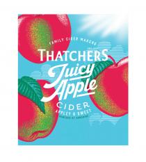 FAMILY CIDER MAKERS THATCHERS EST 1904 JUICY APPLE CIDER APPLEY & SWEET POWERED BY SUNSHINE