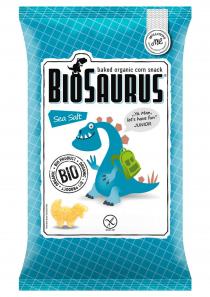 BIOSAURUS baked organic corn snack Sea Salt Ya Man, let's have fun JUNIOR BIO PRODUCT BIO