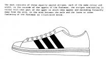 The mark consists of three equally spaced stripes, each of the same colour and width, on the outside of the uppers of the footwear, the stripes contrasting in colour with that part of the upper on which they appear and extending forwardly away from the so