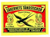 SÄKERHETS TÄNDSTICKOR PARAFFINERADE SVALAN DIE SCHWALBE THE SWALLOW DE ZWALUW MANUFACTURED AT UDDEVALLA TÄNDSTICKSFABRIK, SWEDEN.