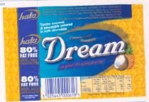 Coconut with pineapple Dream, so good it's almost a sin, halo 85% fat free, real milk chocolate