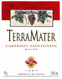 TERRAMATER CABERNET SAUVIGNON MAIPO TM TERRAMATER ESTATES 1997 75CL PRODUCT OF CHILE 13,5% PRODUCED AND BOTTLED BY TERRAMATER S.A., ISLA DE MAIPO. CHILE