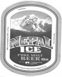 NEPAL ICE PURE MALT BEER CG Chaudhary Group Nepal. Brewed in Nepal by Singha Brewery (Nepal) Pvt. Ltd.