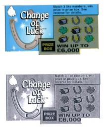 4hange of Luck Match 3 like numbers, win prize in prize box. See reverse for details. PRIZE BOX WIN UP TO £6,000