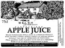 75cl WELSH farmhouse PASTEURISED APPLE JUICE WELSH FARMHOUSE APPLE JUICE IS A PREMIUM PRODUCT MADE ENTIRELY FROM A SINGLE VARIETY OF APPLES GROWN WITHOUT THE USE OF HERBICIDES OR PESTICIDES. These qualities make it perfect on its own as a refreshing drink