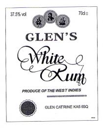 37.5% vol 70cl GLEN'S White Rum PRODUCE OF THE WEST INDIES GLEN CATRINE KA5 6SQ