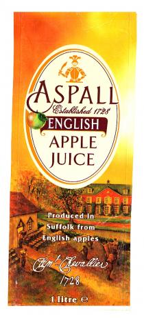 ASPALL Established 1728 ENGLISH APPLE JUICE Produced in Suffolk from English apples Clem Chevallier 1728 1 litre e