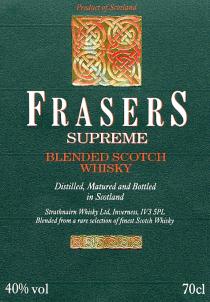 Product of Scotland FRASERS SUPREME BLENDED SCOTCH WHISKY Distilled, Matured and Bottled in Scotland Strathnairn Whisky Ltd, Inverness, IV3 5PL Blended from a rare selection of finest Scotch Whisky 40% vol 70cl