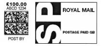 £100.00 ABCD 1234 POST BY SP ROYAL MAIL POSTAGE PAID GB