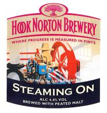 STEAMING ON HOOK NORTON BREWERY WHERE PROGRESS IS MEASURED IN PINTS BREWED IN OXFORDSHIRE ALC 4.4% VOL BREWED WITH PEATED MALT