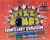 ZED CANDY FIZZ BOMBS SOUR CANDY EXPLOSION LEMON, BLUE RASPBERRY, ORANGE, APPLE, WATERMELON, ARTIFICIALLY FLAVORED