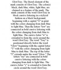 GLOWTRAY. THE LITERAL ELEMENT OF THE MARK CONSISTS OF GLOWTRAY. THE COLOR(S) BLACK, DARK BLUE, WHITE, LIGHT BLUE, ARE CLAIMED AS A FEATURE OF THE MARK. THE MARK CONSISTS OF THE WORD GLOWTRAY IN BLOCK CURSIVE LETTERING IN A STYLIZED FASHION ON A BLACK BACKGROUND, BEGINNING WITH A CAPITAL 