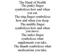 THE HAND OF HEALTH THE PINKY FINGER SYMBOLIZES HOW AND WHEN YOU EAT. THE RING FINGER SYMBOLIZES HOW AND WHEN YOU SLEEP. THE MIDDLE FINGER SYMBOLIZES HOW AND WHEN YOU MOVE. THE INDEX FINGER SYMBOLIZES WHAT SUPPLEMENTS YOU TAKE. THE THUMB SYMBOLIZES WHAT MEDICATIONS YOU TAKE.