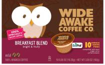 WIDE AWAKE COFFEE CO. BREAKFAST BLEND BRIGHT AND FRUITY 100% SPECIALTY GRADE COFFEE ECOPOD 10 SINGLE SERVE PODS COMPATIBLE WITH MOST SINGLE SERVE COFFEE BREWERS MILD 100% ARABICA COFFEE PARVE 10-0.36 OZ (10.25G) NET WT 3.59 OZ (102G)