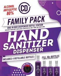 CD ALCOHOL ANTISEPTIC 80% FAMILY PACK BAG IN BOX DISPENSER REFILL STATION INCLUDES FOUR EMPTY REFILLABLE SPRAY BOTTLES ONE 150ML AND THREE 60ML HAND SANITIZER DISPENSER INCLUDES 4 REFILLABLE BOTTLES FILL 36X BOTTLES *9 TIMES ALL FOUR BOTTLES INCLUDED. VALVE TO FILL & REFILL 3L (101.4 FL OZ) CD HAND SANITIZER ALCOHOL ANTISEPTIC 80% 150ML CD HAND SANITIZER ALCOHOL ANTISEPTIC 80% 60ML CD HAND SANITIZER ALCOHOL ANTISEPTIC 80% 60ML CD HAND SANITIZER ALCOHOL ANTISEPTIC 80% 60ML