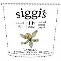 SIGGI'S ICELANDIC SKYR 0% MILKFAT STRAINED NONFAT YOGURT VANILLA 9G TOTAL SUGARS 15G PROTEIN 110 CALORIES