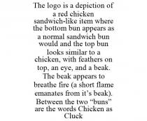 THE LOGO IS A DEPICTION OF A RED CHICKEN SANDWICH-LIKE ITEM WHERE THE BOTTOM BUN APPEARS AS A NORMAL SANDWICH BUN WOULD AND THE TOP BUN LOOKS SIMILAR TO A CHICKEN, WITH FEATHERS ON TOP, AN EYE, AND A BEAK. THE BEAK APPEARS TO BREATHE FIRE (A SHORT FLAME EMANATES FROM IT'S BEAK). BETWEEN THE TWO 