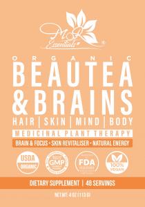 MOR ESSENTIALS ORGANIC BEAUTEA & BRAINS HAIR SKIN MIND BODY MEDICINAL PLANT THERAPY BRAIN & FOCUS SKIN REVITALISER NATURAL ENERGY USDA ORGANIC GOOD MANUFACTURING PRACTICE QUALITY ASSURED SOURCED FROM A GMP CERTIFIED FACILITY MANUFACTURED IN A FDA REGISTERED FACILITY THAT CONFORMS TO GMP STANDARDS 100% VEGAN DIETARY SUPPLEMENT 48 SERVINGS NET WT: 4 OZ (113 G)