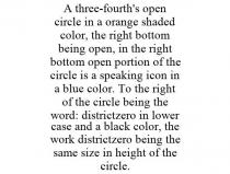A THREE-FOURTH'S OPEN CIRCLE IN A ORANGE SHADED COLOR, THE RIGHT BOTTOM BEING OPEN, IN THE RIGHT BOTTOM OPEN PORTION OF THE CIRCLE IS A SPEAKING ICON IN A BLUE COLOR. TO THE RIGHT OF THE CIRCLE BEING THE WORD: DISTRICTZERO IN LOWER CASE AND A BLACK COLOR, THE WORK DISTRICTZERO BEING THE SAME SIZE IN HEIGHT OF THE CIRCLE.