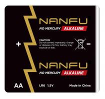 NANFU NO MERCURY ALKALINE CAUTION: DO NOT CONNECT IMPROPERLY, CHARGE OR DISPOSE OF IN FIRE, BATTERY MAY EXPLODE OR LEAK. NANFU NO MERCURY ALKALINE AA LR6 1.5V MADE IN CHINA + -