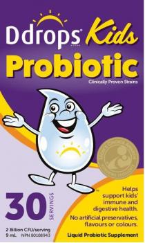 DDROPS BRAND KIDS PROBIOTIC CLINICALLY PROVEN STRAINS MOM'S CHOICE AWARDS HONORING EXCELLENCE 30 SERVINGS HELPS SUPPORT KID'S IMMUNE AND DIGESTIVE HEALTH, NO ARTIFICIAL PRESERVATIVES, FLAVOURS OR COLOURS 2 BILLION CFU/SERVING 9ML NPN80106943 LIQUID PROBIOTIC SUPPLEMENT