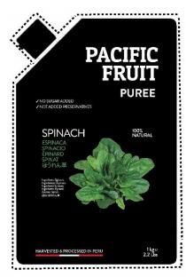 PACIFIC FRUIT PUREE NO SUGAR ADDED NOT ADDED PRESERVATIVES SPINACH 100% NATURAL ESPINACA SPINACIO EPINARD SPINAT INGREDIENTS: SPINACH INGREDIENTES: ESPINACA INGREDIENTI: SPINACIA INGREDIENTS: EPINARD ZUTATEN: SPINAT HARVESTED AND PROCESSES IN PERU 1KG 2.2 LBS