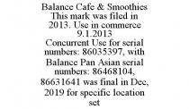 BALANCE CAFE & SMOOTHIES THIS MARK WAS FILED IN 2013. USE IN COMMERCE 9.1.2013 CONCURRENT USE FOR SERIAL NUMBERS: 86035397, WITH BALANCE PAN ASIAN SERIAL NUMBERS: 86468104, 86631641 WAS FINAL IN DEC, 2019 FOR SPECIFIC LOCATION SET