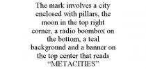 THE MARK INVOLVES A CITY ENCLOSED WITH PILLARS, THE MOON IN THE TOP RIGHT CORNER, A RADIO BOOMBOX ON THE BOTTOM, A TEAL BACKGROUND AND A BANNER ON THE TOP CENTER THAT READS 