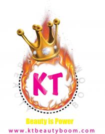 THE WORDING KT, BEAUTY BOOM, AND BEAUTY IS POWER, WWW.KTBEAUTYBOOM.COM AND A CROWN AND FIRE.