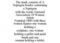 THE MARK CONSISTS OF A SEPTAGON BORDER CONTAINING A SEPTAGON WITH THE WORDS NATIONAL ASSOCIATION OF WOMEN ARTISTS FOUNDED 1889 WITH THREE WOMEN FIGURES ONE WOMAN HOLDING A SCULPTURE, ONE WOMAN HOLDING A PALLET AND PAINT BRUSH AND ONE WOMAN HOLDING A TABLET.