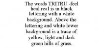THE WORDS TRITRU -FEEL HEAL REAL IS IN BLACK LETTERING WITH A WHITE BACKGROUND. ABOVE THE LETTERING AND WHITE LOWER BACKGROUND IS A TRACE OF YELLOW, LIGHT AND DARK GREEN HILLS OF GRASS.