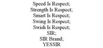 SPEED IS RESPECT; STRENGTH IS RESPECT; SMART IS RESPECT; SWING IS RESPECT; SWISH IS RESPECT; SIR; SIR BRAND; YESSIR