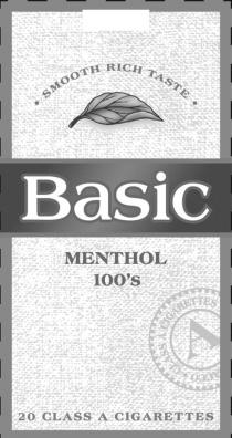 BASIC MENTHOL 100'S SMOOTH RICH TASTE 2O CLASS A CIGARETTES A CLASS A CIGARETTES ACCO