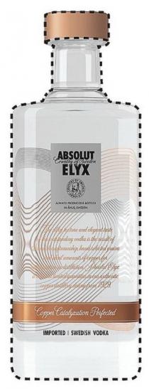 ABSOLUT COUNTRY OF SWEDEN ELYX ALWAYS PRODUCED & BOTTLED IN AHUS SWEDEN THE SILKY TEXTURE AND ELEGANT TASTE OF THIS OUTSTANDING VODKA IS THE RESULT OF SWEDISH CRAFTSMANSHIP HAND SELECTED GRAINS AND IDEAL AMOUNTS OF COPPER FOR CATALYZATION IN DISTILLATION. ABSOLUT ELYX IS MADE IN LIMITED QUANTITIES IN OUR AUTHENTIC COPPER DISTILLERY DATING FROM 1929. COPPER CATALYZATION PERFECTED IMPORTED SWEDISH VODKA