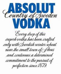 ABSOLUT COUNTRY OF SWEDEN VODKA EVERY DROP OF THIS SUPERB VODKA HAS BEEN CRAFTED ONLY WITH SWEDISH WINTER WHEAT NEAR THE SMALL TOWN OF AHUS AND CONTINUES A DETERMINED COMMITMENT TO THE PURSUIT OF PERFECTION SINCE 1879.