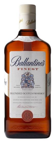 BALLANTINE'S FINEST NTINE'S BALLANTIN BY APPOINTMENT TO THE LATE QUEEN VICTORIA AND THE LATE KING EDWARD VII FULLY MATURED AMICUS HUMANI GENERIS FINEST QUALITY ESTD 1827 BLENDED SCOTCH WHISKY BLENDED & BOTTLED BY GEORGE BALLANTINE AND SON LTD DISTILLERS DUMBARTON SCOTLAND GEO BALLANTINE BOTTLED IN SCOTLAND PRODUCT OF SCOTLAND GBS GEO BALLANTINE TINE'S B