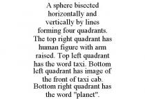 A SPHERE BISECTED HORIZONTALLY AND VERTICALLY BY LINES FORMING FOUR QUADRANTS. THE TOP RIGHT QUADRANT HAS HUMAN FIGURE WITH ARM RAISED. TOP LEFT QUADRANT HAS THE WORD TAXI. BOTTOM LEFT QUADRANT HAS IMAGE OF THE FRONT OF TAXI CAB. BOTTOM RIGHT QUADRANT HAS THE WORD 