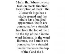 MARK: FH, FSHUNC, WHERE FASHION MEETS FUNCTION. DESCRIPTION OF MARK: THE 2 LETTER FH LOGO HAS A CIRCLE AROUND AND THE CIRCLE HAS A BRAIDED APPEARANCE. THE FH ARE CONNECTED BY A STRAIGHT LINE FROM THE TOP OF THE F TO THE TOP OF THE H IN THE WORD FSHUNC. IN THE WORD FSHUNC, THE F AND H ARE CONNECTED BY A STRAIGHT LINE BAR BETWEEN THE TOP OF THE F AND THE H.