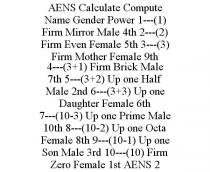 AENS CALCULATE COMPUTE NAME GENDER POWER 1---(1) FIRM MIRROR MALE 4TH 2---(2) FIRM EVEN FEMALE 5TH 3---(3) FIRM MOTHER FEMALE 9TH 4---(3+1) FIRM BRICK MALE 7TH 5---(3+2) UP ONE HALF MALE 2ND 6---(3+3) UP ONE DAUGHTER FEMALE 6TH 7---(10-3) UP ONE PRIME MALE 10TH 8---(10-2) UP ONE OCTA FEMALE 8TH 9---(10-1) UP ONE SON MALE 3RD 10---(10) FIRM ZERO FEMALE 1ST AENS 2