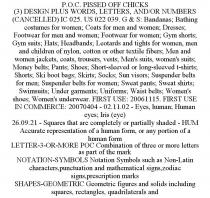 P.O.C. PISSED OFF CHICKS (3) DESIGN PLUS WORDS, LETTERS, AND/OR NUMBERS (CANCELLED) IC 025. US 022 039. G & S: BANDANAS; BATHING COSTUMES FOR WOMEN; COATS FOR MEN AND WOMEN; DRESSES; FOOTWEAR FOR MEN AND WOMEN; FOOTWEAR FOR WOMEN; GYM SHORTS; GYM SUITS; HATS; HEADBANDS; LEOTARDS AND TIGHTS FOR WOMEN, MEN AND CHILDREN OF NYLON, COTTON OR OTHER TEXTILE FIBERS; MEN AND WOMEN JACKETS, COATS, TROUSERS, VESTS; MEN'S SUITS, WOMEN'S SUITS; MONEY BELTS; PANTS; SHOES; SHORT-SLEEVED OR LONG-SLEEVED T-SHIRTS; SHORTS; SKI BOOT BAGS; SKIRTS; SOCKS; SUN VISORS; SUSPENDER BELTS FOR MEN; SUSPENDER BELTS FOR WOMEN; SWEAT PANTS; SWEAT SHIRTS; SWIMSUITS; UNDER GARMENTS; UNIFORMS; WAIST BELTS; WOMEN'S SHOES; WOMEN'S UNDERWEAR. FIRST USE: 20061115. FIRST USE IN COMMERCE: 20070404 - 02.11.02 - EYES, HUMAN; HUMAN EYES; IRIS (EYE) 26.09.21 - SQUARES THAT ARE COMPLETELY OR PARTIALLY SHADED - HUM ACCURATE REPRESENTATION OF A HUMAN FORM, OR ANY PORTION OF A HUMAN FORM LETTER-3-OR-MORE POC COMBINATION OF THREE OR MORE LETTERS AS PART OF THE MARK NOTATION-SYMBOLS NOTATION SYMBOLS SUCH AS NON-LATIN CHARACTERS,PUNCTUATION AND MATHEMATICAL SIGNS,ZODIAC SIGNS,PRESCRIPTION MARKS SHAPES-GEOMETRIC GEOMETRIC FIGURES AND SOLIDS INCLUDING SQUARES, RECTANGLES, QUADRILATERALS AND