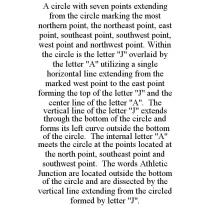 A CIRCLE WITH SEVEN POINTS EXTENDING FROM THE CIRCLE MARKING THE MOST NORTHERN POINT, THE NORTHEAST POINT, EAST POINT, SOUTHEAST POINT, SOUTHWEST POINT, WEST POINT AND NORTHWEST POINT. WITHIN THE CIRCLE IS THE LETTER 
