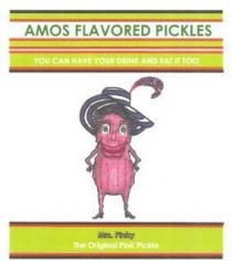 AMOS FLAVORED PICKLES YOU CAN HAVE YOURDRINK AND EAT IT TOO MRS. PINKY THE ORIGINAL PINK PICKLE