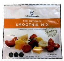 M METROPOLITANMARKET THE ULTIMATE SMOOTHIE MIX STRAWBERRY, BANANA, RASPBERRY, MANGO PERFECTLY RIPE BEST FLAVOR SMOOTHIE ENLARGED TO SHOW DETAIL, CALORIES 80 PER 1 CUP SERVING POTASSIUM 8% 300MG PER CUP DIETARY FIBER 4G PER 1 CUP SERVING NET WT. 2 LBS. (907 G) KEEP FROZEN UNTIL READY FOR USE