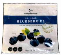 M METROPOLITANMARKET MT. HOOD BLUEBERRIES EXCELLENT FOR EVERYTHING BLUEBERRY PERFECTLY RIPE BEST FLAVOR NORTHWEST ENLARGED TO SHOW DETAIL, CALORIES 70 PER 1 CUP SERVING SODIUM 0G NATURALLY DIETARY FIBER 4G PER 1 CUP SERVING NET WT. 2 LBS. (907 G) KEEP FROZEN UNTIL READY FOR USE