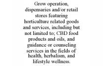 GROW OPERATION, DISPENSARIES AND/OR RETAIL STORES FEATURING HORTICULTURE RELATED GOODS AND SERVICES, INCLUDING BUT NOT LIMITED TO; CBD FOOD PRODUCTS AND OILS, AND GUIDANCE OR COUNSELING SERVICES IN THE FIELDS OF HEALTH, HERBALISM, AND LIFESTYLE WELLNESS.