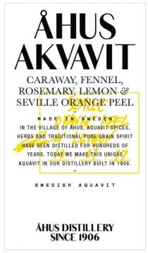 HUS AKVAVIT CARAWAY, FENNEL, ROSEMARY,LEMON & SEVILLE ORANGE PEEL MADE IN SWEDEN IN THE VILLAGE OF HUS, AQUAVIT SPICES, HERBS AND TRADITIONAL PURE GRAIN SPIRIT HAVE BEEN DISTILLED FOR HUNDREDS OF YEARS, TODAY WE MAKE THIS UNIQUE AQUAVIT IN OUR DISTILLERY BUILT IN 1906 SWEDISH AQUVIT HUS DISTILLERY SINCE 1906 SEVILLE ORANGE PEEL LEMON 10/07/2017 PER HERMANSSON